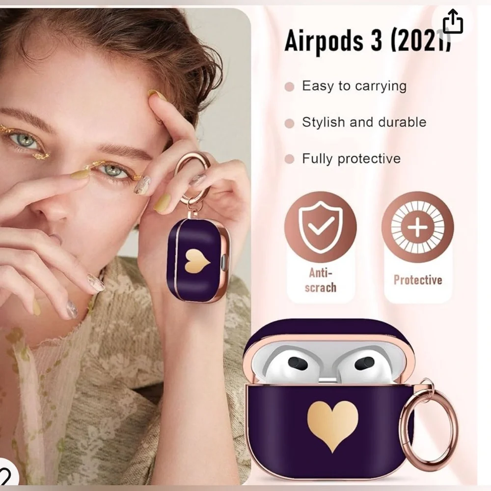 Dark Purple with Gold Heart Pattern & Lanyard Shockproof Case for AirPods